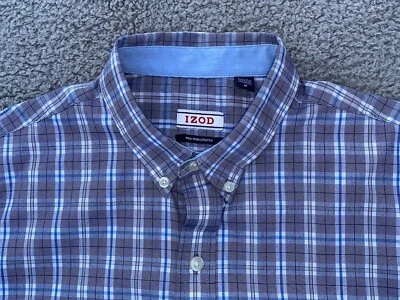 Camisa IZOD Para Hombre Gris/Azul Manga Larga Elastizada Abotonada A Cuadros - Talla Mediana Foto 1 de 4