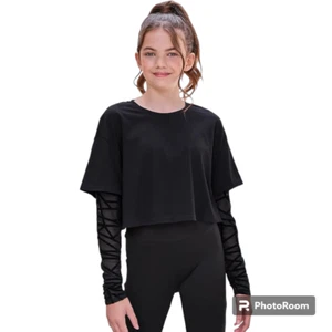 Shein teen girl's NIB 2 in 1 black tee with semi sheer long sleeves sz 12-13 - Picture 1 of 8