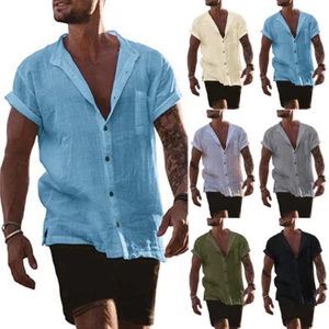 Men's Linen Short Sleeve Shirt Summer Beach Loose Casual Collarless Tops Holiday - Picture 1 of 88