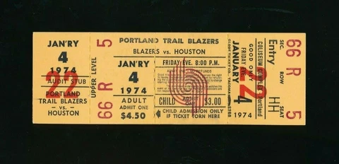 January 4 1974 Trail Blazers v Rockets Ticket Stub Calvin Murphy 33 PTS Johnson* Cover