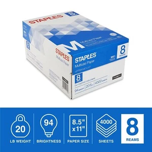 4000 Sheets Case of Staples Multiuse Copy Paper, 8 1/2" x 11", 8-Reams - Afbeelding 1 van 3