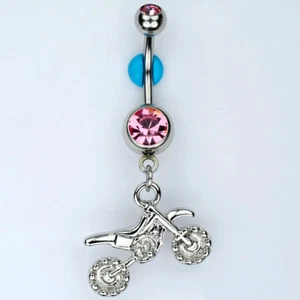 Motocross Dirt Bike Dangle Belly Ring Bar PINK Yamaha Suzuki Navel Piercing (E5) - Picture 1 of 1