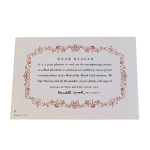 Vintage Book Of The Month Club Greeting Card From Meredith Wood Invitation - Picture 1 of 4