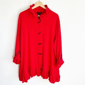 Ali Miles Crinkle Tunika Damen XL rot Knebelknopf Rüschensaum Stehkragen - Bild 1 von 9