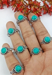 Lucky Turquoise Gemstone 925 Sterling Silver Plated Handmade Wholesale Lot Rings - Picture 1 of 3
