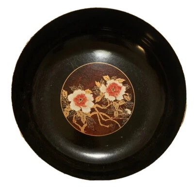 Vintage Japanese Lacquerware Aercing Bowl Traditional Style Floral Black Gold - Изображение 1 из 4