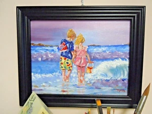 11" x 14" OIL Painting, Children, Ocean, Seashore, Framed 13" x 16" - Bild 1 von 8