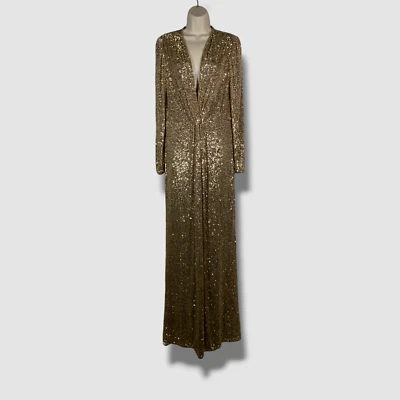 Monique Lhuillier Women's Gold Micro Sequins Knotted Plunging Dress Size 12 - Image 1 of 4