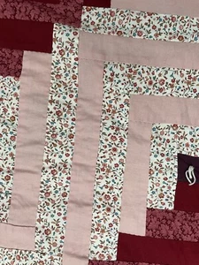 Home Made Quilt Throw Large Hand Tacked Burgundy Pink  Log Cabin Pattern 60 x 72 - Picture 1 of 12