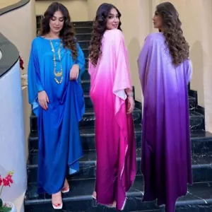 Elegant Women Gradient Color Dress Muslim Islamic Abaya Kaftan Bat Sleeve Gown - Picture 1 of 46