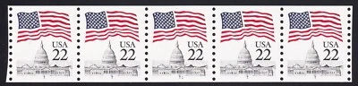 2115c Flag over Capital Dome – 22c PNC strip of 5 Plate # T1 Prephosphored Paper - Image 1 of 2