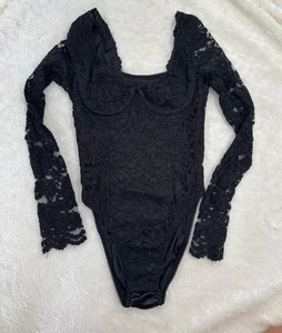 Vtg Victoria Secret Gold Label Black Lace Long Sleeve Bodysuit S Underwire USA - Picture 1 of 8