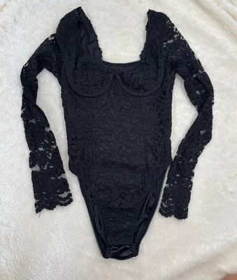 Vtg Victoria Secret Gold Label Black Lace Long Sleeve Bodysuit S Underwire USA - Image 1 of 4