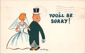Vintage Postkarte - Cartoon Humor - Paar auf Hochzeit - Es wird Ihnen leid tun - Bild 1 von 2
