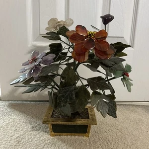 Vintage Chinese Carved Jade Stone Tree Bonsai Brass Jade Pot Floral Arrangement - Picture 1 of 21