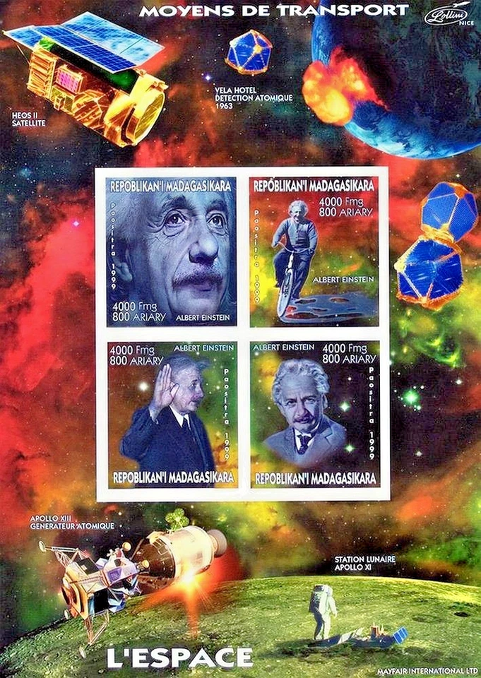 Madagascar 1999 ALBERT EINSTEIN/ESPACIO/APOLO 11/BICICLETA Hoja 4 IMPERFORADA Foto 1 de 1