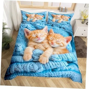 Cat Duvet Cover Pet Pattern Bedding Set Cute Kitten Printed Queen Multi 10031 - Picture 1 of 6