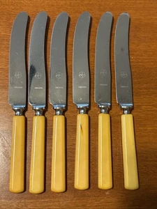 6 Vintage Bakelit Buttermesser Butterscotch Set rostfrei - Kleemarke - Bild 1 von 8