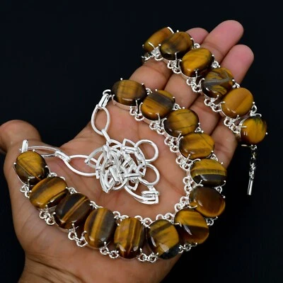 Collana E Bracciale In Occhio Di Tigre Naturale In Argento 925 Gioiello Regalo - Immagine 1 di 4