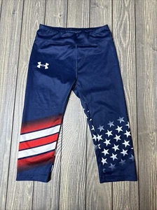 Under Armour Girls Pull On Blue Capri Leggings White Stars Red Stripes Size 6 - Picture 1 of 6