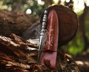 Custom Handmade Damascus Steel Mini Tri Dagger With Leather Sheath Gift 9 Inch - Picture 1 of 6