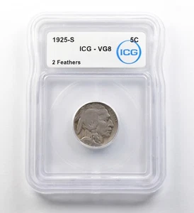 1925-S Indian Head Buffalo Nickel 2 Feathers VG8 ICG ERROR *8196 - Picture 1 of 3