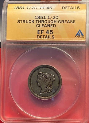 1851 Half Cent Major Error-ANCS XF 45 Struck Thru Grease- Only # 1 Shows In Date - Image 1 of 4