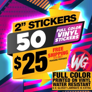 50 KUNDENSPEZIFISCHE VOLLFARBIGE VINYL-AUFKLEBER IHR LOGO Band DJ Business Kunst Merch Promo - Bild 1 von 2