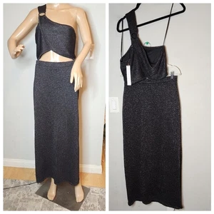 Neu mit Etikett House Of Harlow metallic schwarz 2-teiliges Set 1 Schulter bauchfreies Oberteil Maxirock M - Bild 1 von 9