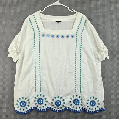 Talbots Womens Linen Embroidered Pullover Tunic Top 3X Plus Short Sleeve W/ Bows - Image 1 of 4