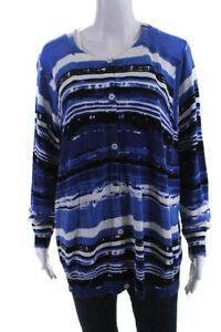 Lafayette 148 New York Womens Button Up Striped Cardigan Sweater Blue White 2X