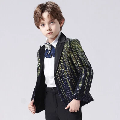 Boy Formal Dress Blazer Suit Jacket Coat Sequin One Button Model Show Party Cool - Image 1 of 4