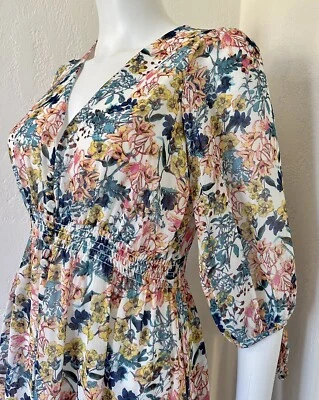 Taylor Multicolor Floral Chiffon Smock Waist Ruffle Hem Fit Flare Dress Sz 2 EUC - Image 1 of 4