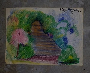 DIEGO RIVERA -AUTHENTIC -CHOZA- 11 x 8" COLOR CRAYON PAINTING - Picture 1 of 7