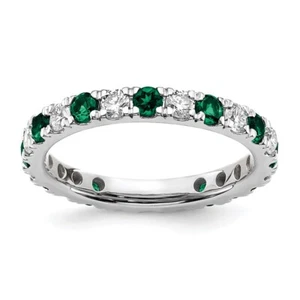 14K White Gold 1.86 Ct Lab Grown Diamond & Emerald Eternity Band Ring Sz 6 - Picture 1 of 7