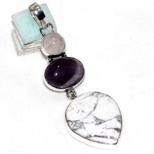 Howlite Amethyst 925 Silver Plated Gemstone Long Pendant 2.7" Gifts For Women P4
