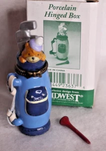 Porcelain Hinged Box Midwest Cannon Falls -Teddy Bear Golf Clubs w/Tree Trinket - Picture 1 of 5