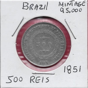 BRAZIL 500 REIS 1851 CROWNED ARMS WITHIN WREATH,DENOMINATION WITHIN LEAFY CIRCLE - Picture 1 of 2