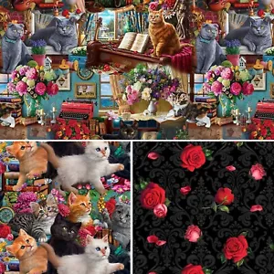 Madame Victoria's Elegant Gats - Gatitos Viñetas Rosa Damasco Tela de Algodón - Imagen 1 de 7