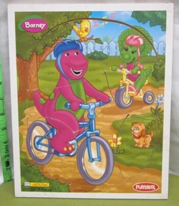 BARNEY & BABY BOP frame tray puzzle 2000 bike ride w/ helmets Playskool wooden - Picture 1 of 1