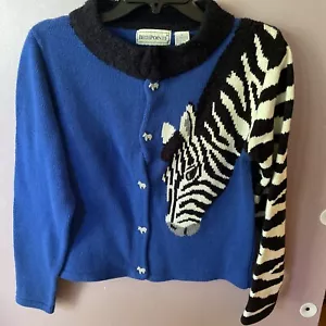 Bellepoint Vintage Sweater Royal Blue Knit Zebra Womens Small Zebra Buttons - Picture 1 of 16