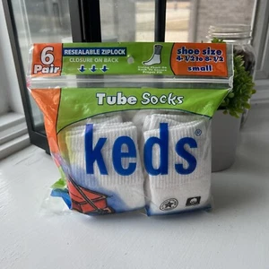 Vtg KEDS White Crew Tube Socks Deadstock NOS 6 Pair 4.5-8.5 Small USA Sealed - Picture 1 of 11