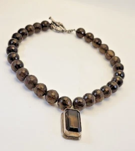Vintage Chunky Faceted Smokey Quartz Beaded Necklace Sterling Bezel Set Pendant - Picture 1 of 10