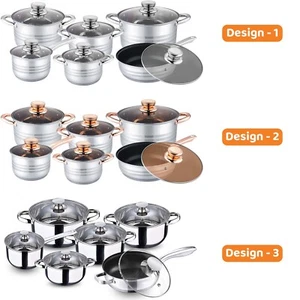 12Pcs Stainless Steel Cookware Set Casserole Stockpot Pot Hob With Glass Lids - Picture 1 of 30