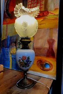 Vintage Table Lamp Porcelain Brass Floral Design Glass Shade Tall - Picture 1 of 15