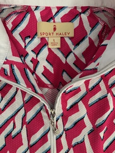 Sport Haley Damen 1/4 Reißverschluss Polo Kurzarm Stretch Golf Tennis Shirt Pink Geo L - Bild 1 von 5