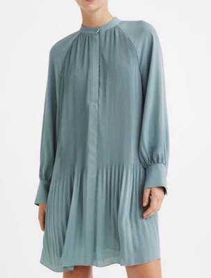 Vestido plissado feminino H&M azul marinho verde poli manga longa forrado de chiffon - Imagem 1 de 4