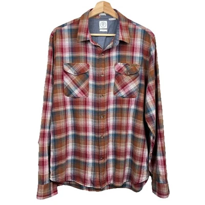 Volcom Shirt Mens Large Red Browning Sleeve Plaid Classic Fit Lumberjack Skater - Image 1 of 4