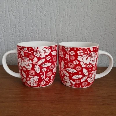2 tazas KITCHEN CRAFT rojo blanco floral barril 425 ml hueso porcelana café té  Foto 1 de 4