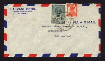 INDIA 1948 Gandhi 12As, KGVI Cubierta de correo aéreo Bombay a Suiza Foto 1 de 2